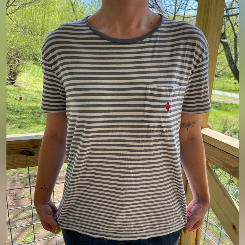 Striped Gray and White T-Shirt with Logo